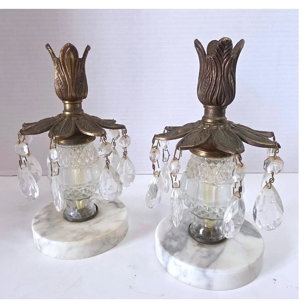2 Vintage Hollywood Regency Italian Marble Brass Crystal Prism Candlesticks